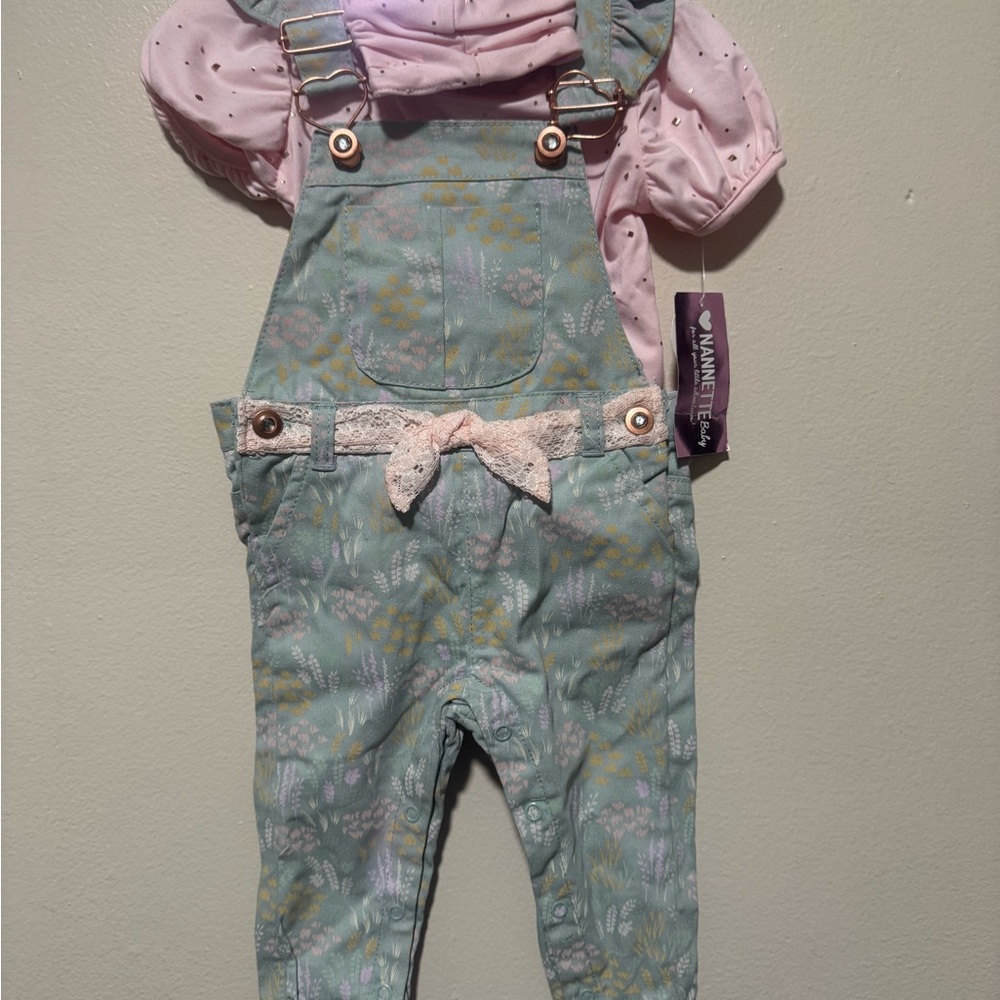 NWT- Mint Green Overalls with Pink Top